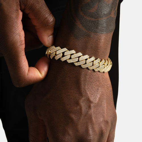 15mm Iced Prong Cuban Bracelet Gold