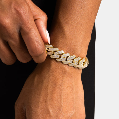 15mm Iced Prong Cuban Bracelet Gold