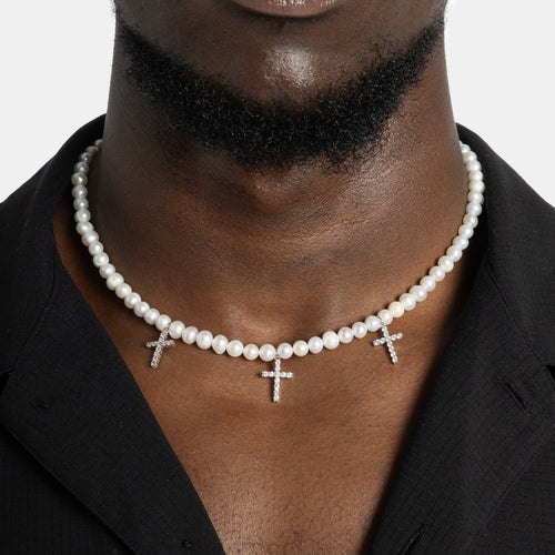 Pearl Chain w/ Iced Crosses