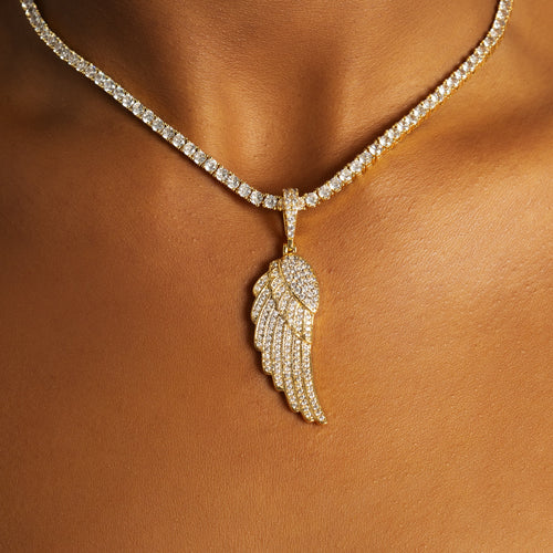 Iced Angel Wing Pendant Gold