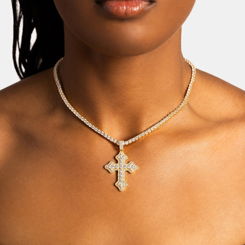 Clustered Cross Moissanite Pendant Gold