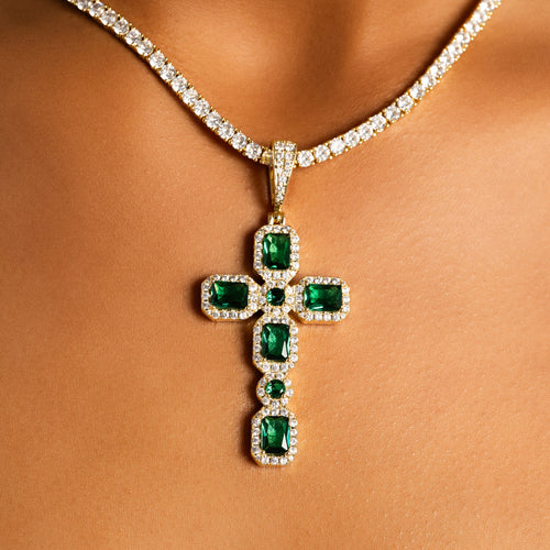 Emerald Cluster Cross Pendant Gold