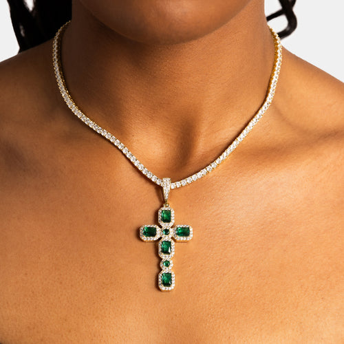 Emerald Cluster Cross Pendant Gold