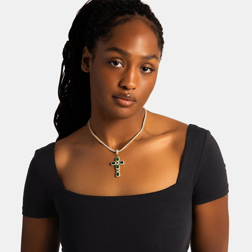 Emerald Cluster Cross Pendant Gold