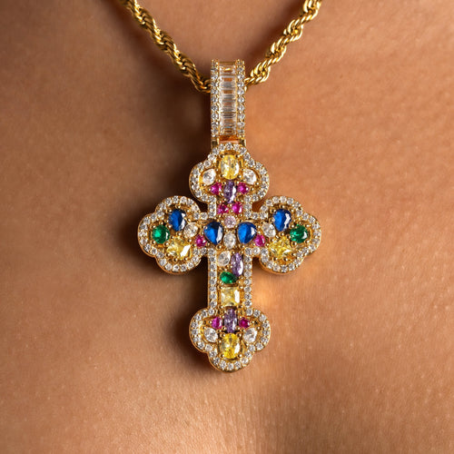 Mosaic Gemstone Cross Pendant Gold
