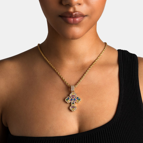 Mosaic Gemstone Cross Pendant Gold