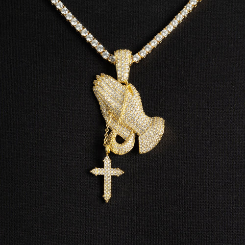 Iced Praying Hand Pendant Gold