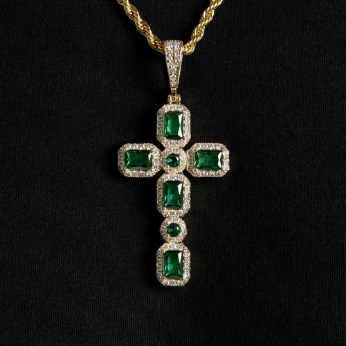 Emerald Cluster Cross Pendant Gold