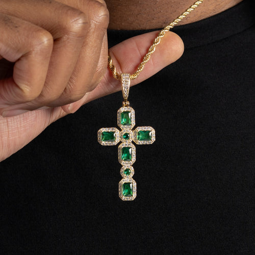 Emerald Cluster Cross Pendant Gold