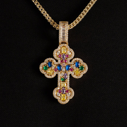 Mosaic Gemstone Cross Pendant Gold