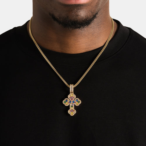 Mosaic Gemstone Cross Pendant Gold