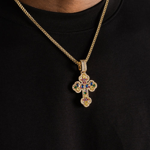 Mosaic Gemstone Cross Pendant Gold