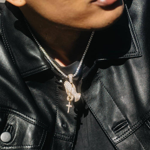 Iced Praying Hand Pendant Gold
