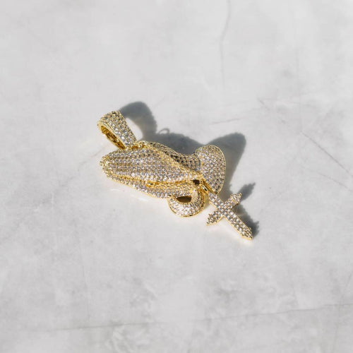 Iced Praying Hand Pendant Gold